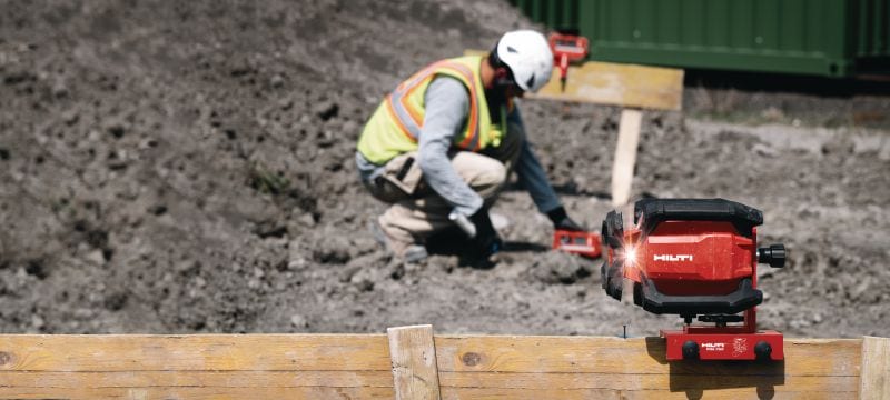 Niveau laser rotatif à pente simple PR 40-22 Niveau laser rotatif extérieur robuste avec fonctions automatiques pour le nivellement, l'alignement, l'inclinaison et l'équerrage longue distance (plateforme de batteries Nuron) Applications 1